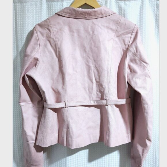 Oscar Leopold Leather Jacket Womens XXL Light Pink Belted Lined Short Jacket - Picture 2 of 9